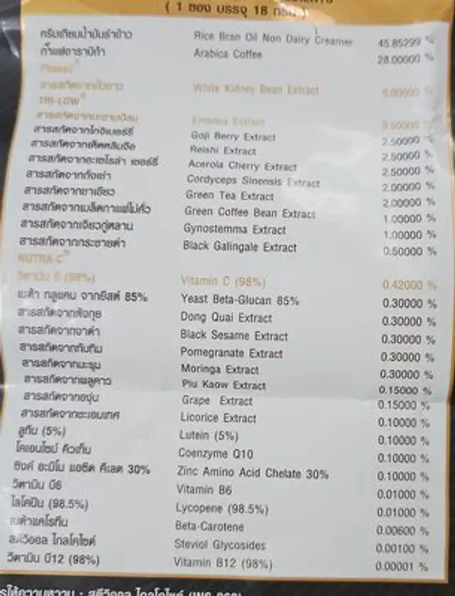 กาแฟปรุงสำเร็จชนิดผง ingredients label
