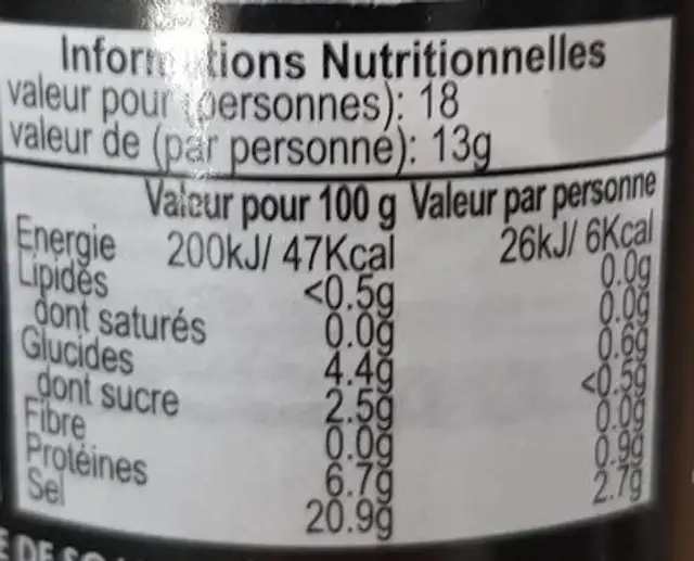 Sauce de soja supérieure nutrition facts table
