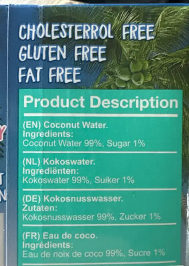 Coconut water ingredients label