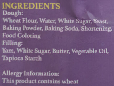 Taro Yam Paste Bun (Orh Nee Pau) ingredients label