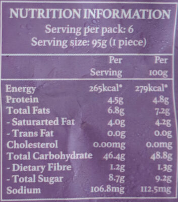 Taro Yam Paste Bun (Orh Nee Pau) nutrition facts table