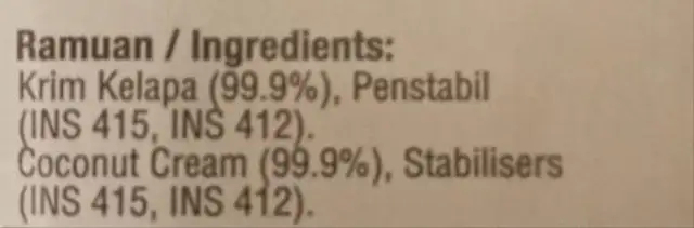 Coconut Cream Extract ingredients label
