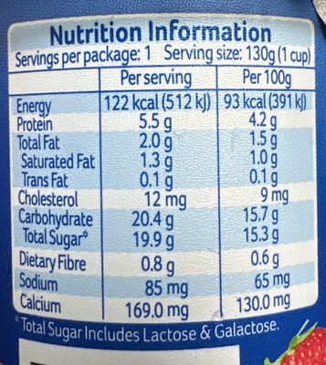 Yoghurt low fat strawberry nutrition facts table