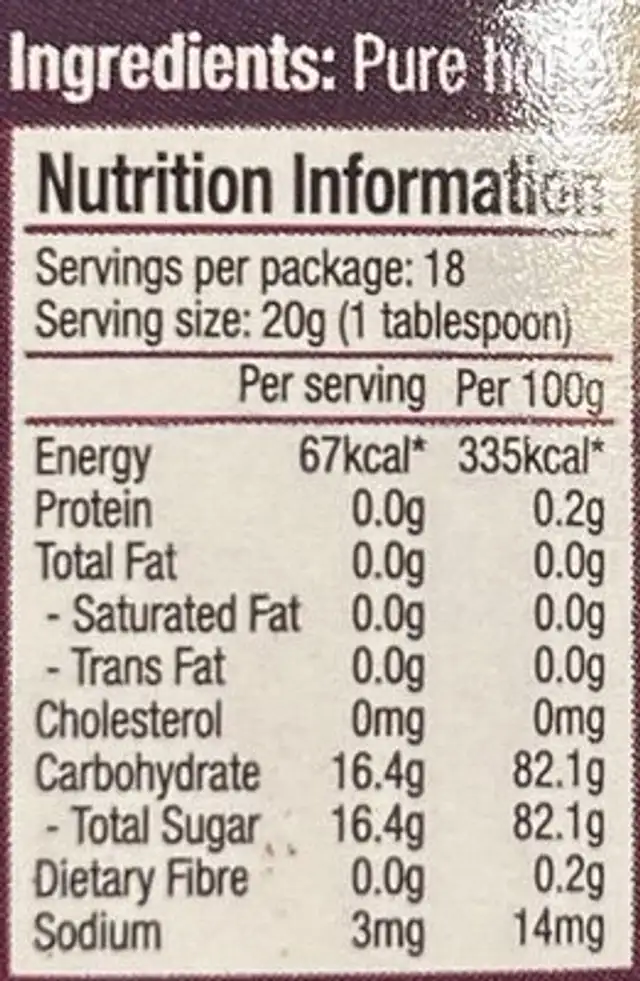 Fairprice Premium Raw Honey nutrition facts table