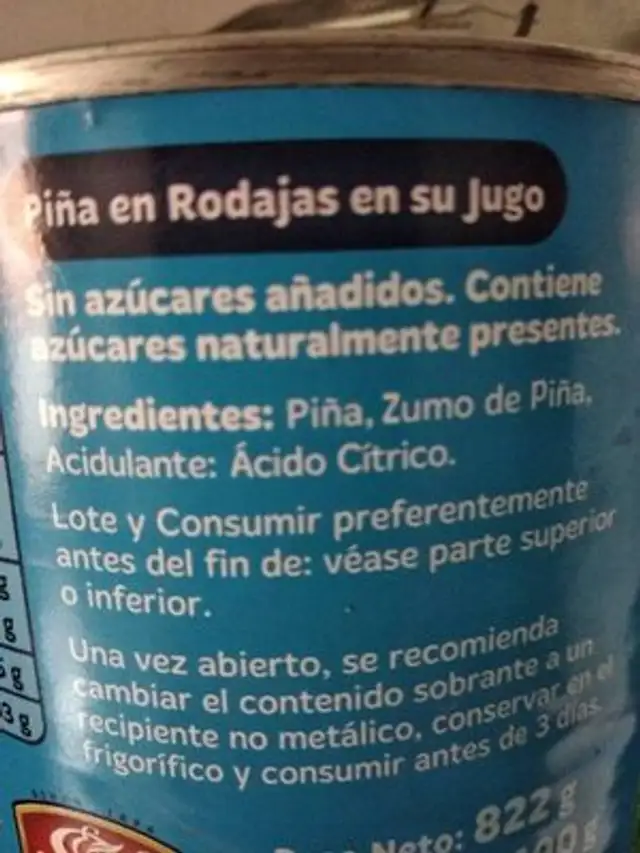piña en su jugo ingredients label