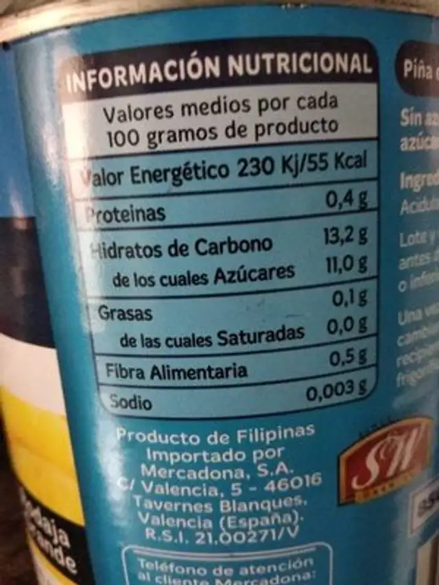 piña en su jugo nutrition facts table