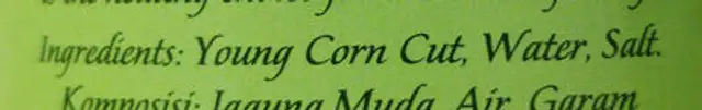 Baby Corn Young Corn Cut in Brine ingredients label