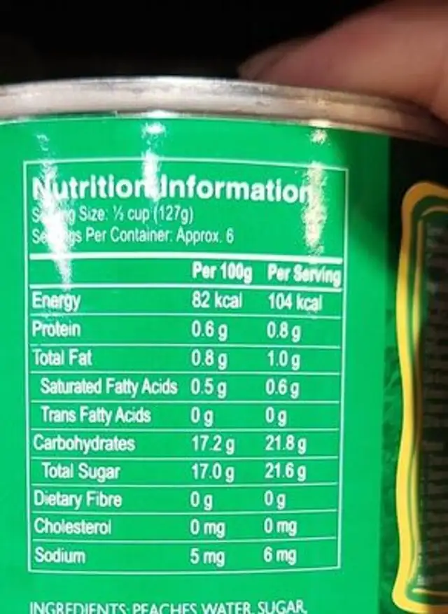 Peach in Syrup nutrition facts table