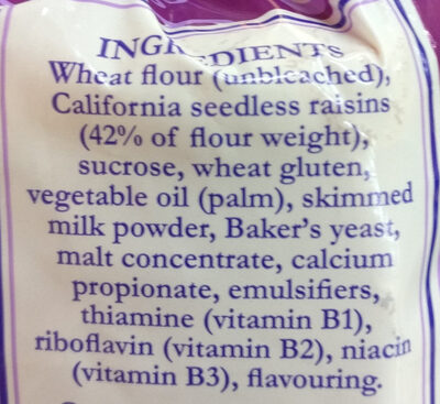 California Raisin Loaf ingredients label