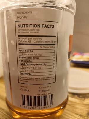 Honey nutrition facts table