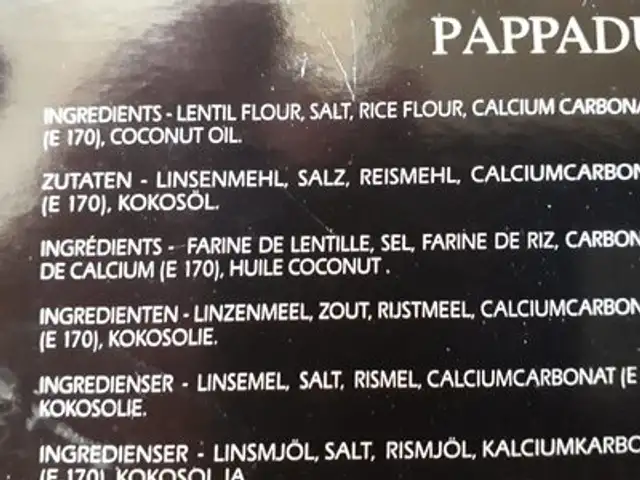 Pappadums Plain ingredients label