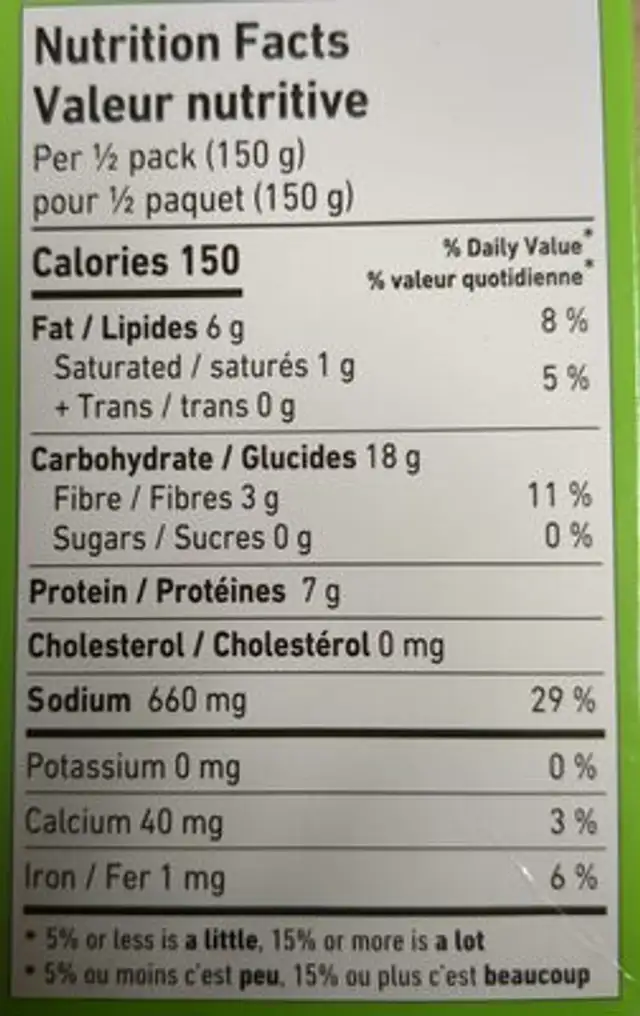 Dal Palak nutrition facts table