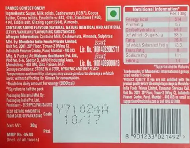 Nutties ingredients label