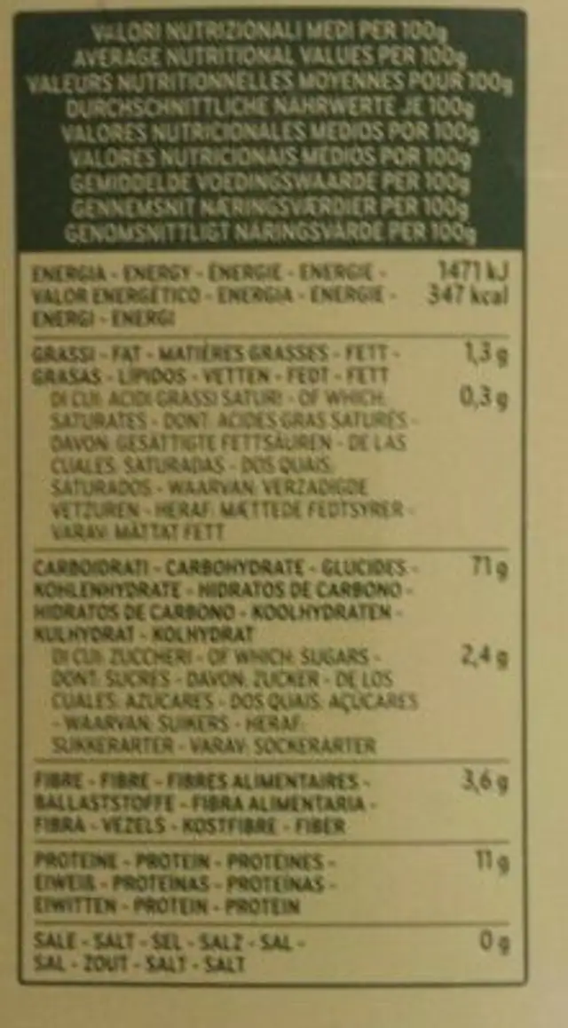 Fisilli nutrition facts table