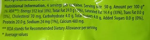 malai paneer fresh nutrition facts table