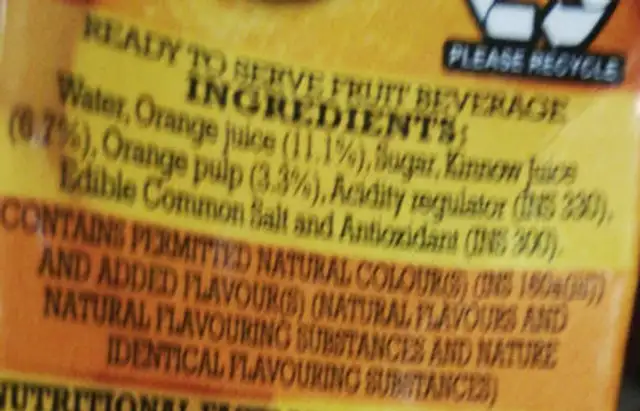 B Natural Orange ingredients label