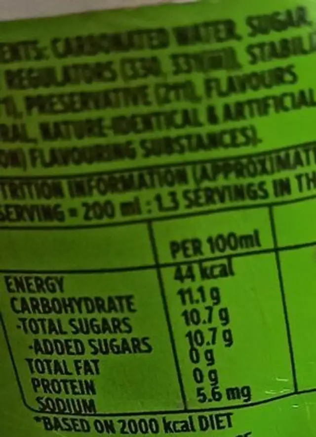 Limca nutrition facts table