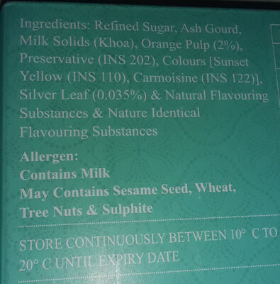 Orange Burfee ingredients label