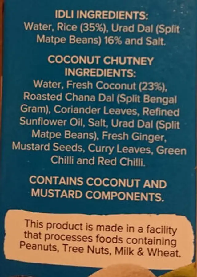 Idli ingredients label