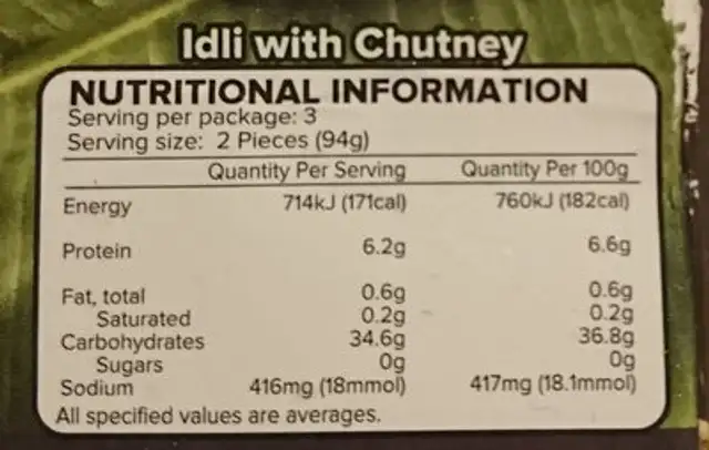 Idli nutrition facts table