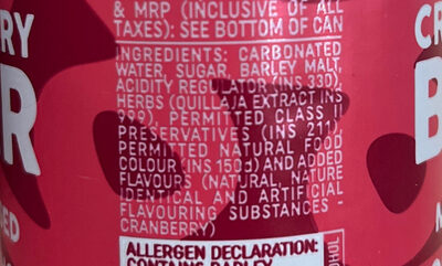 CRANBERRY BEER (Non-alcoholic) ingredients label