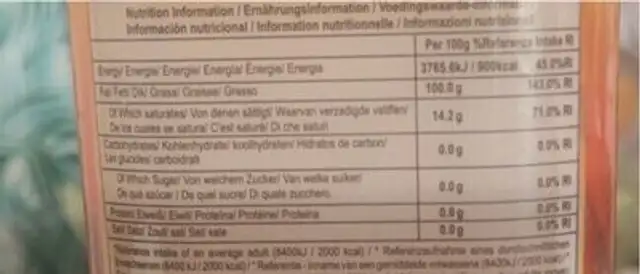 Sesame Oil nutrition facts table