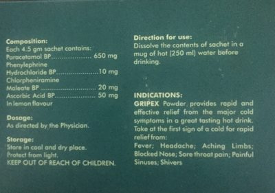 Gripex ingredients label