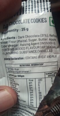 Dark Chocolate Cookies ingredients label