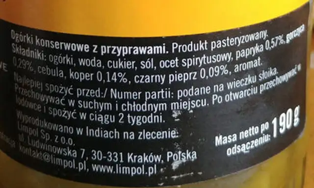 Korniszony delikatesowe z przyprawami ingredients label