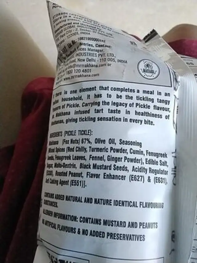 Mr Makhana Pickle Tickle ingredients label