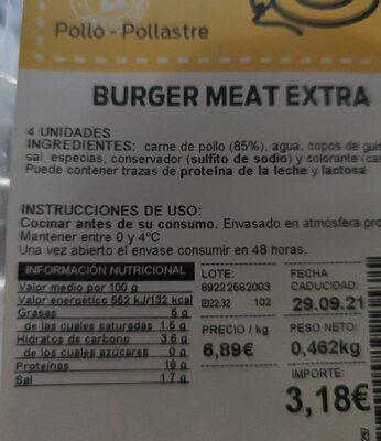 Burguer meat extra nutrition facts table