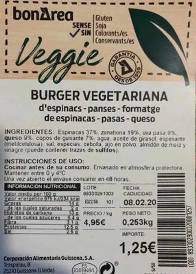 Burger vegetariana nutrition facts table