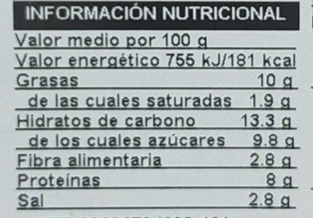 Burger Vegetariana nutrition facts table