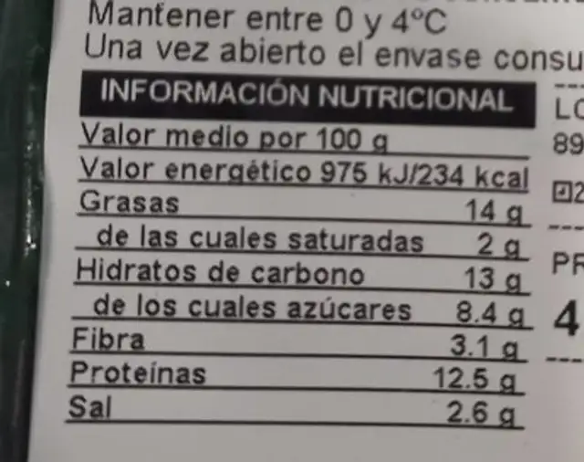 Burger vegetariana nutrition facts table