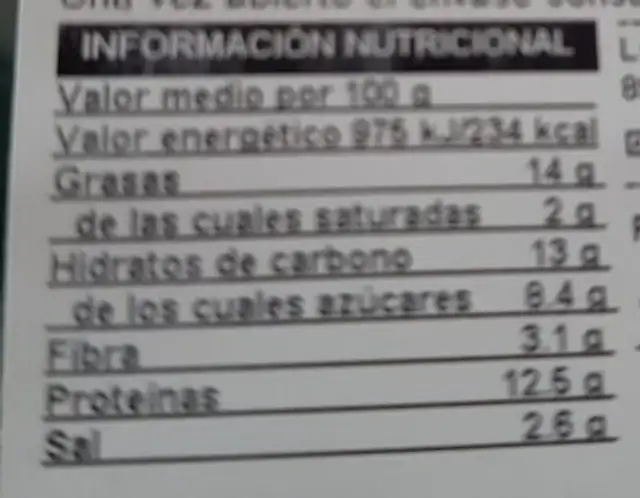 Burger vegetariana nutrition facts table