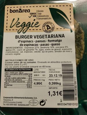 Burguer vegetariana d,espinacs, panses i formatge