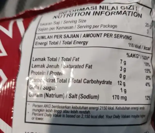 Tato tato nutrition facts table