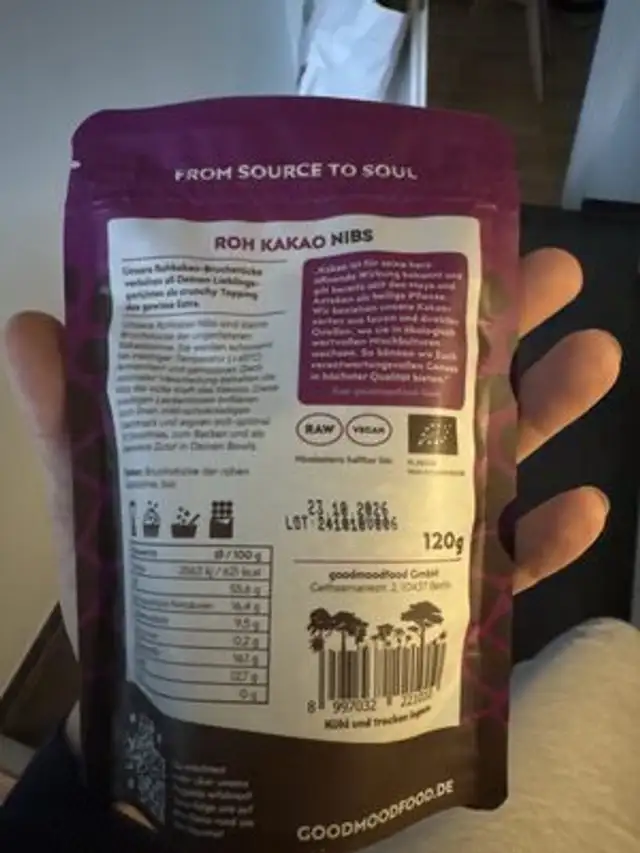 Roh Kakao ingredients label