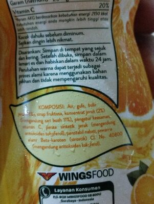 Floridina Orange 350ML ingredients label