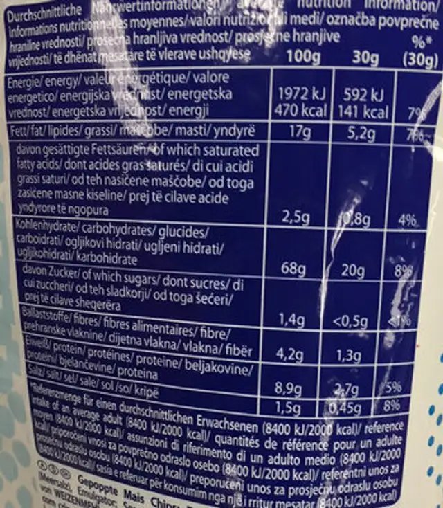 Pop Corn Chips Salted nutrition facts table