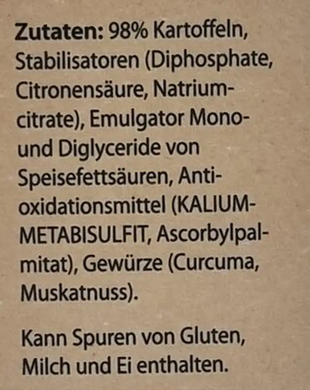 Kartoffelpüree Knorr ingredients label