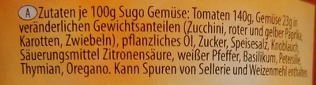 Sugo Gemüse ingredients label
