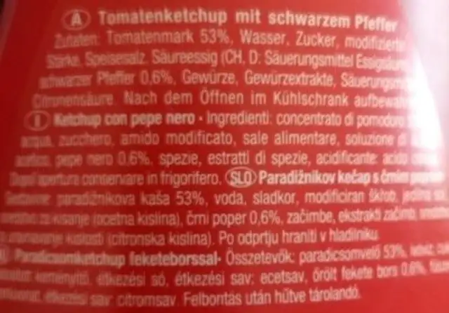 Ketchup Black pepper ingredients label