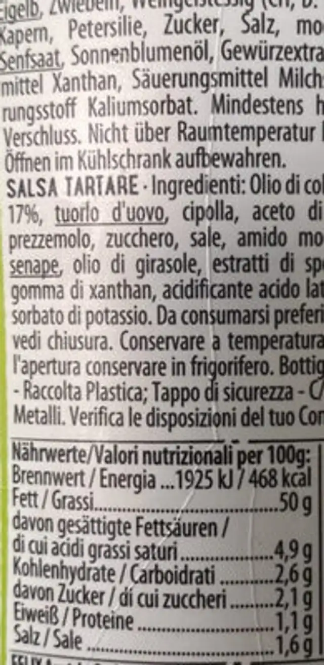 Sauce tatare nutrition facts table