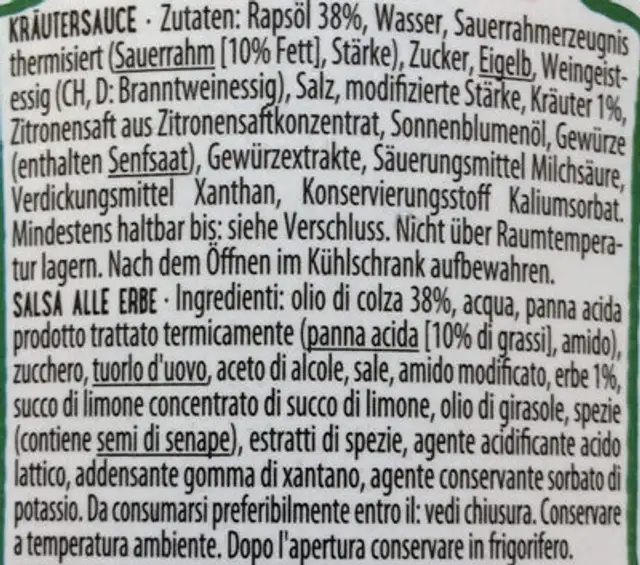 Sauce Kräuter ingredients label