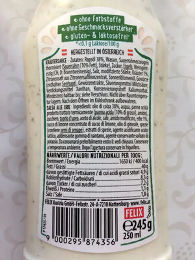 Sauce Kräuter nutrition facts table