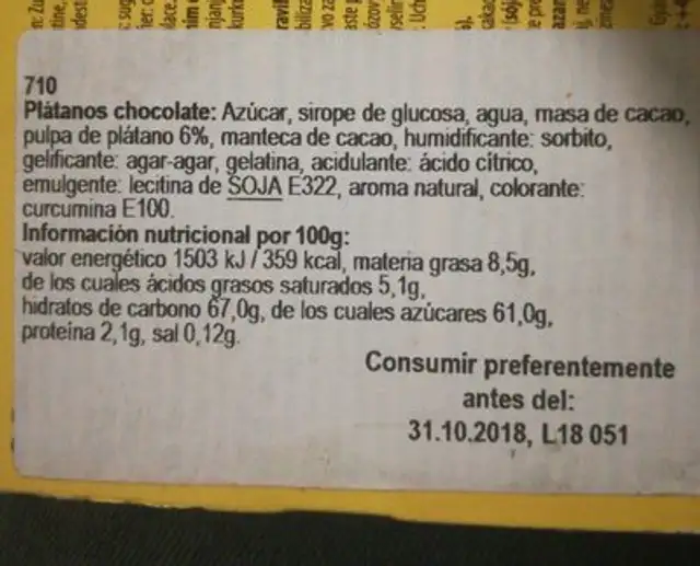 Hauswirth Suklaabanaani ingredients label