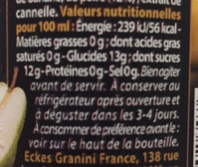 Smoothie Pomme-Poire & Cannelle nutrition facts table