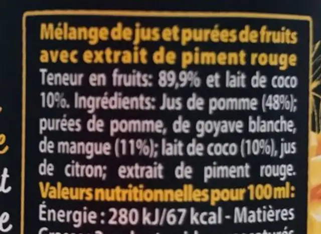 Smoothie mangue lait de coco piment doux ingredients label