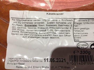 Scharfe Käsekrainer ingredients label